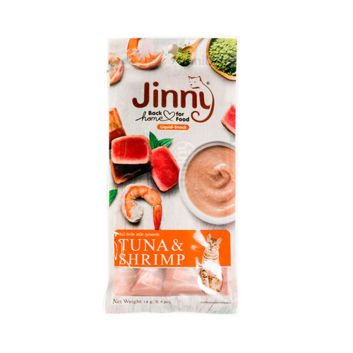 Jinny Liquid snack 56g ขนมครีมแมวเลียสำหรับแมวโต รสทูน่าและกุ้ง  [14gx4]