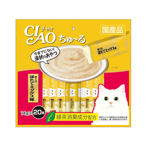 CIAO ชูหรุ - ขนมครีมแมวเลีย ปลาทูน่าผสมหอยเซลล์ 14gx20 (SC-129)