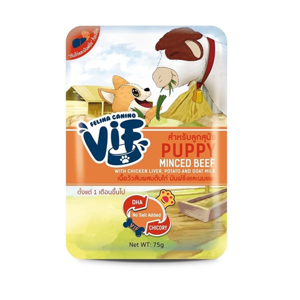 Felina vif dog 75g Puppy เนื้อวัวตับไก่ มันฝรั่งและนมแพะ