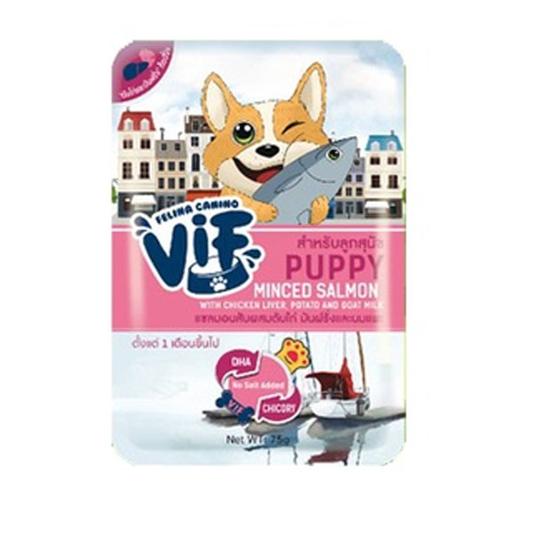 Felina vif dog 75g Puppy แซลมอนผสมตับไก่ มันฝรั่งและนมแพะ