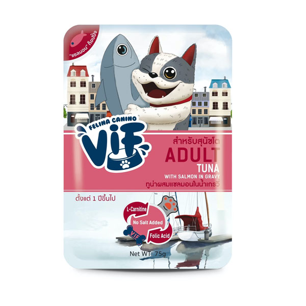 Felina vif dog 75g Adult ทูน่าและแซลมอนในน้ำเกรวี่