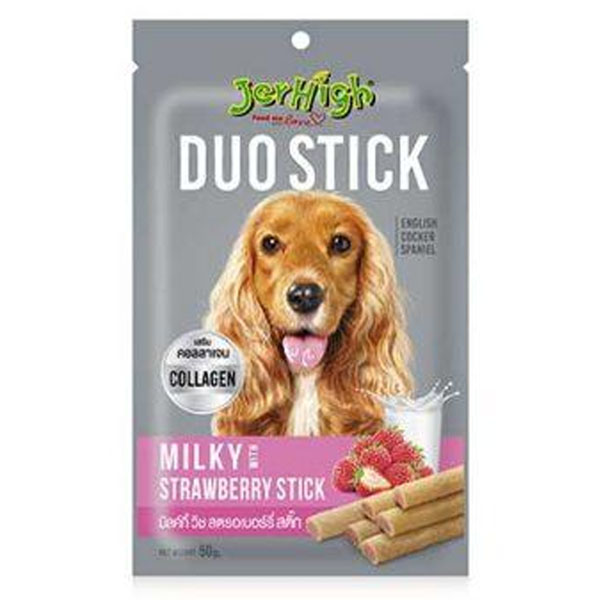 JERHIGH DUO STICK MILKY STRAWBERRY 50g สติ๊กสอดไส้รสนมสตอเบอร์รี่  ขนมสุนัข